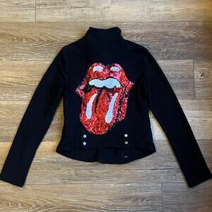 Htrailz Rolling Stones Custom Red Sequin Tongue Black Suede Feel Moto Jacket Sm